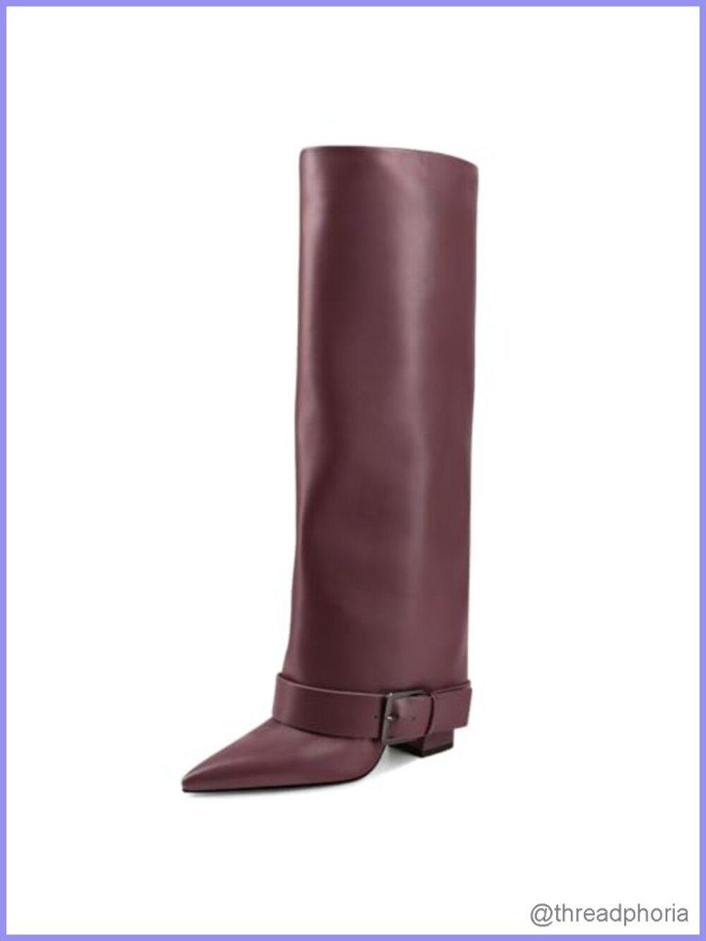 Knee High Boots Women Fold Over Chunky High Heel Wide Calf Pointed Toe Belt